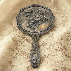Vintage Art Nouveau Vanity Hand Mirror Floral Silver Plated Distressed Finish